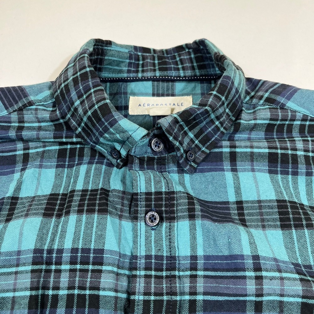 Aeropostale Shirt Mens M Teal Blue Plaid Long Sleeve Cotton Button Down - Picture 5 of 11